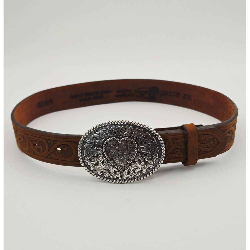 Justin GIRLS Embossed Leather Western Belt Silver Heart Trophy Buckle Size 22